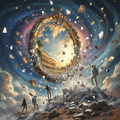 Primary subject: A painting of a group of people standing on a rocky hill, with a large mirror in the foreground.

Setting/background: The painting features a rocky hill with a group of people standing on it. The sky is visible in the background, and there is a large mirror in the foreground.

Visual style: The image is a painting, which gives it a more artistic and detailed appearance.

Colors and mood: The painting has a warm and earthy color palette, with